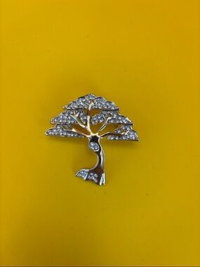 Cypress Tree Brooch-Pin with Crystal Accents Gold Tone